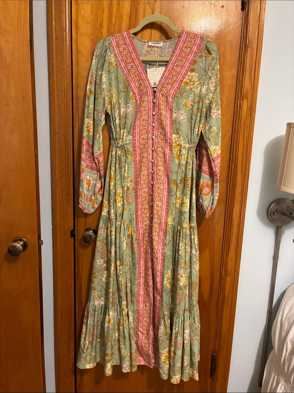 mittoshop Sage Green Maxi Dress with Pink Trim brand new never worn